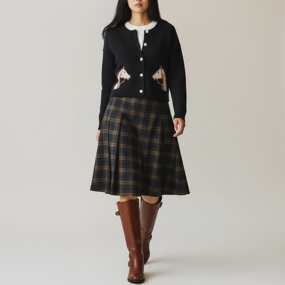 Vigoss Sweaters - Vigoss Horse Intarsia Knit Cropped Cardigan Sweater Equestrian Preppy Heritage L